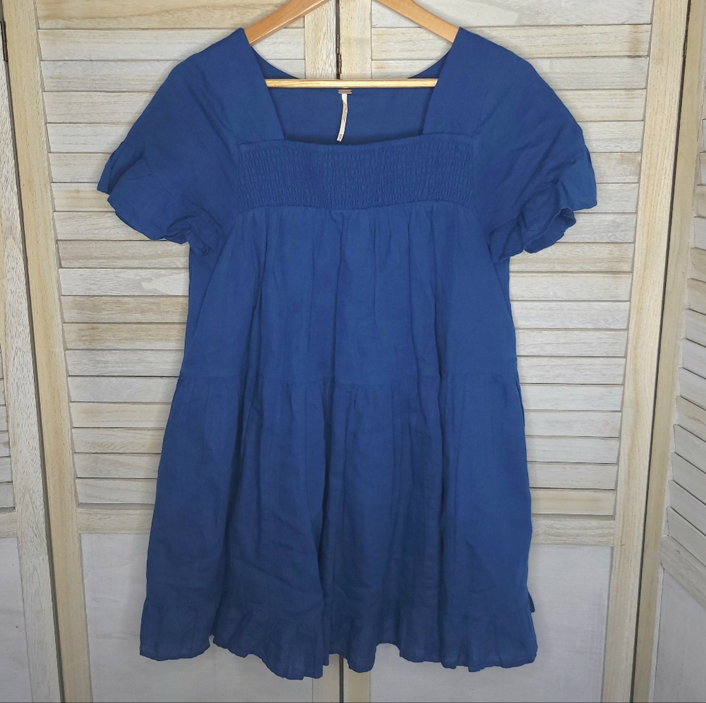 Free People Babydoll Tunic Top XS Short Sleeves Ruffles Smock Linen Shirt Top - Picture 6 of 6